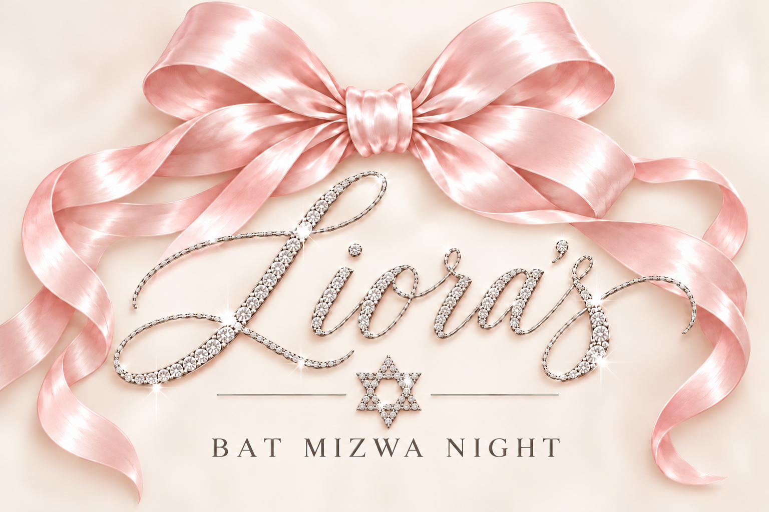 Liora’s Bat Mizwa Night – silberne Diamant-Schreibschrift, roséfarbene Satinschleife und Davidstern